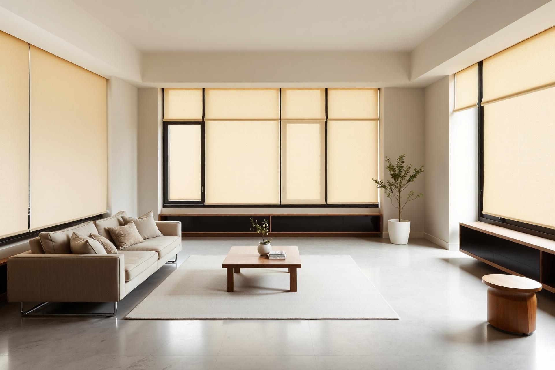 Sunlit modern Singapore living room featuring installed custom roller blinds along floor-to-ceiling windows